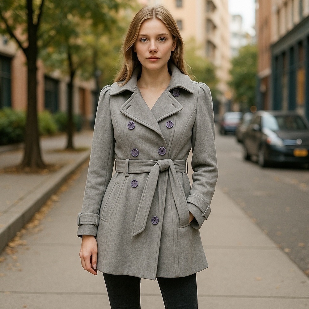 Miss London Gray Trench Coat with Belted Waist size Small